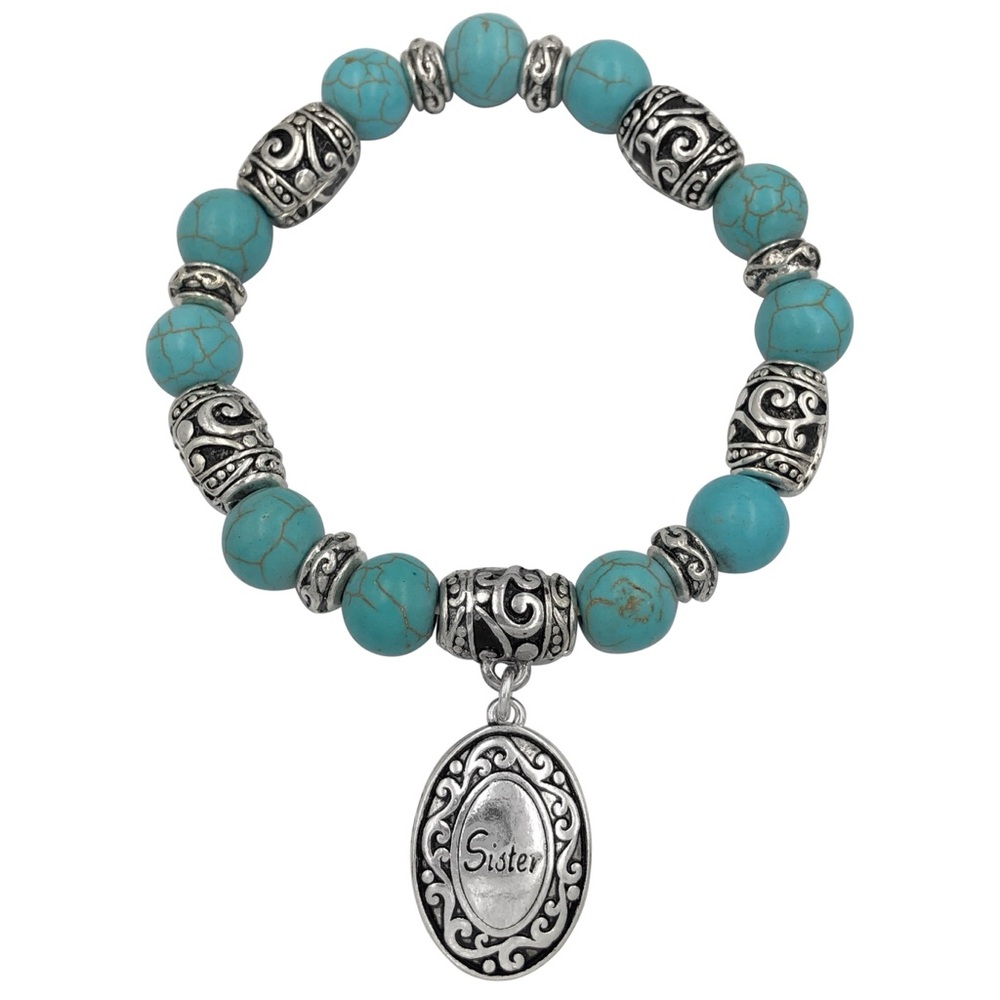Turquoise and Silver Tone Sister Charm Stretch Bracelet